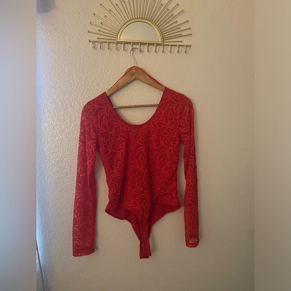Streetwear Society, Red lace, Bodysuit top, Size Large, long sleeve, Never Worn - Picture 3 of 5